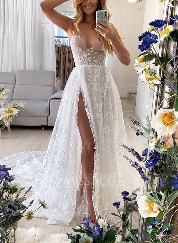 Beach A-Line Sweetheart Lace Wedding Dresses With Split Front