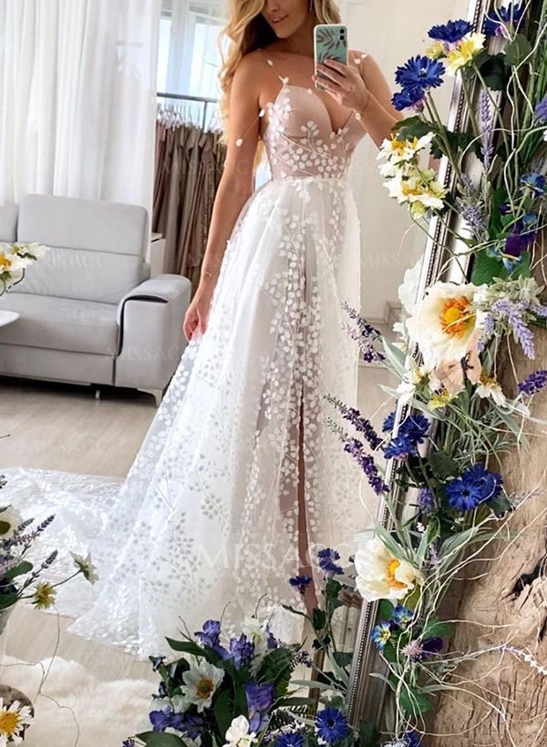 Beach A-Line Sweetheart Lace Wedding Dresses With Split Front