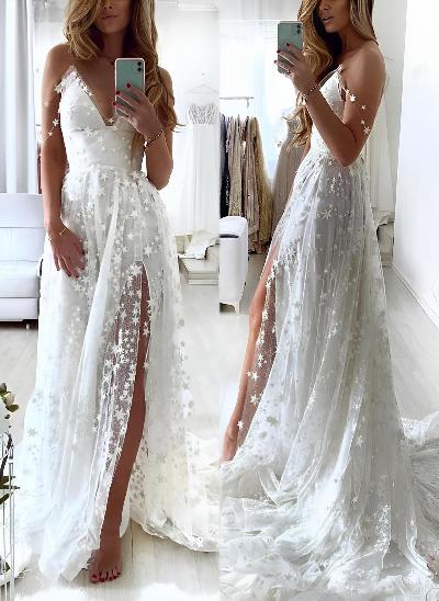 Beach V-Neck Sparkly Lace Wedding Dresses With Split Front