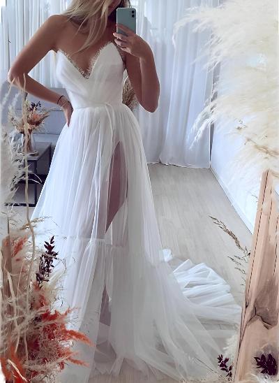 Beach V-Neck Sleeveless Sweep Train Tulle Wedding Dresses With Split Front
