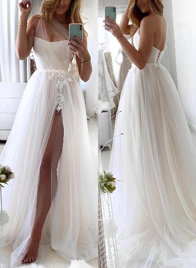 A-Line Split Front Tulle Wedding Dresses With Appliques Lace