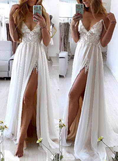 Beach A-Line Sweep Train Chiffon/Lace Wedding Dresses With Split Front