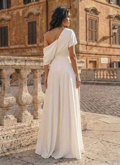 Elegant One-Shoulder Sleeveless Floor-Length Silk Like Satin Wedding Dresses Jumpsuit