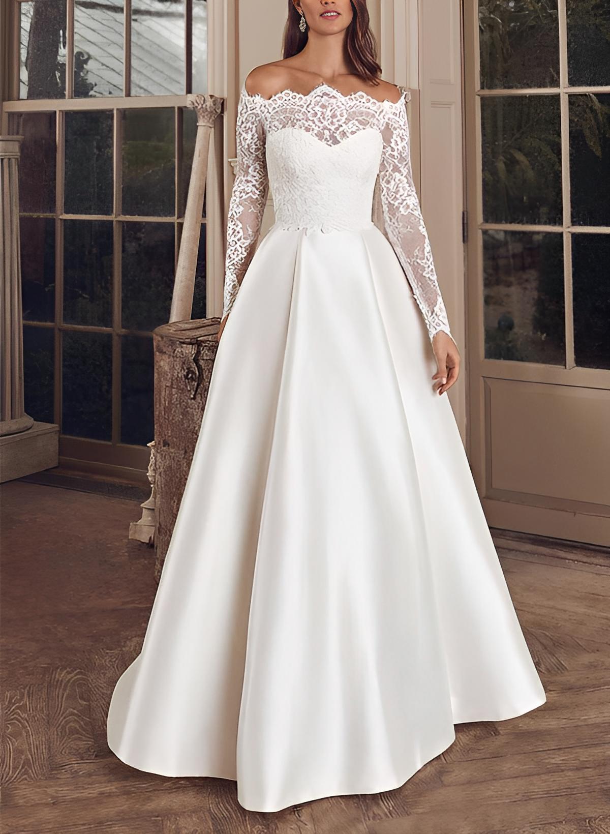Elegant Illusion Neck Long Sleeves Sweep Train Lace/Satin Wedding Dresses