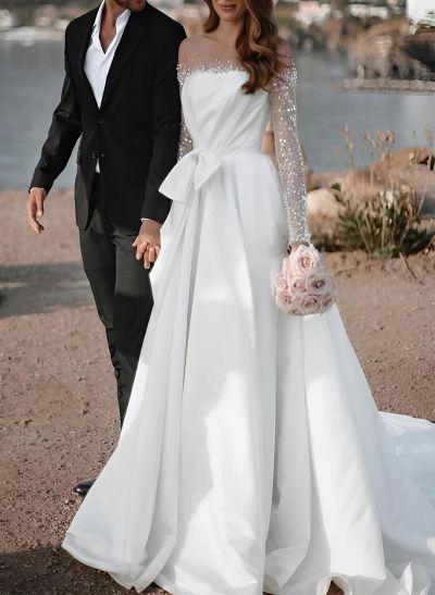 Ball-Gown Illusion Neck Long Sleeves Sweep Train Wedding Dresses