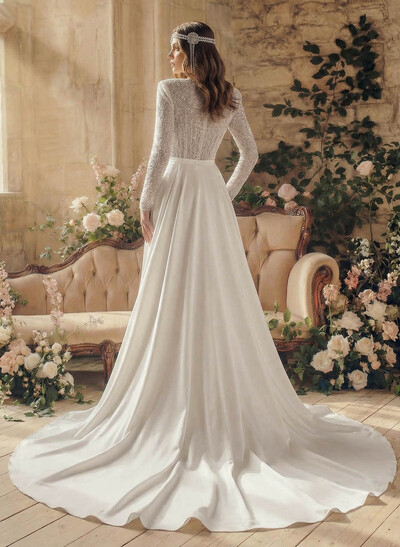 V-Neck Long Sleeves Sweep Train Wedding Dresses With Detachable Train
