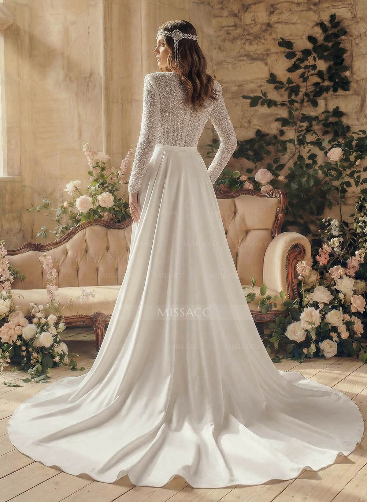 V-Neck Long Sleeves Sweep Train Wedding Dresses With Detachable Train