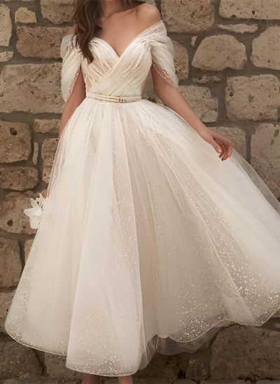 A-Line Off-The-Shoulder Short Sleeves Tea-Length Tulle Wedding Dresses