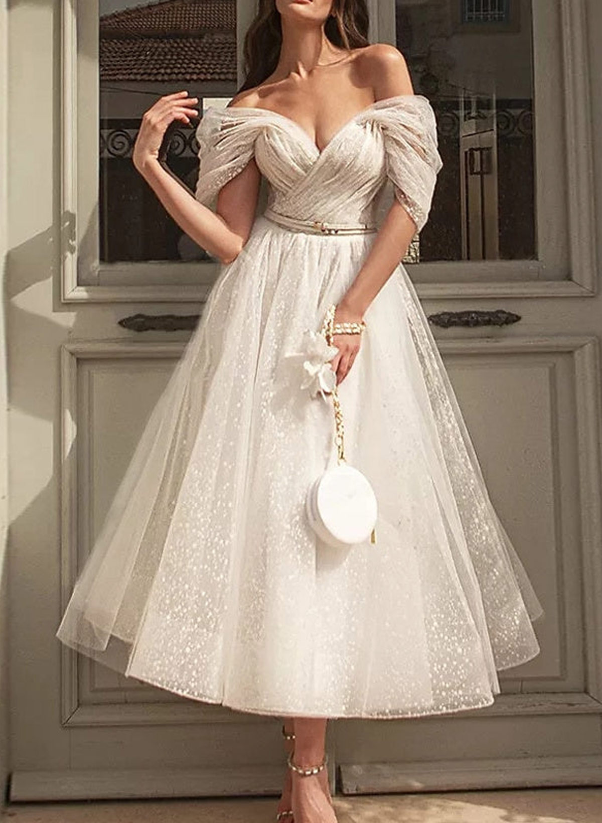 A-Line Off-The-Shoulder Short Sleeves Tea-Length Tulle Wedding Dresses