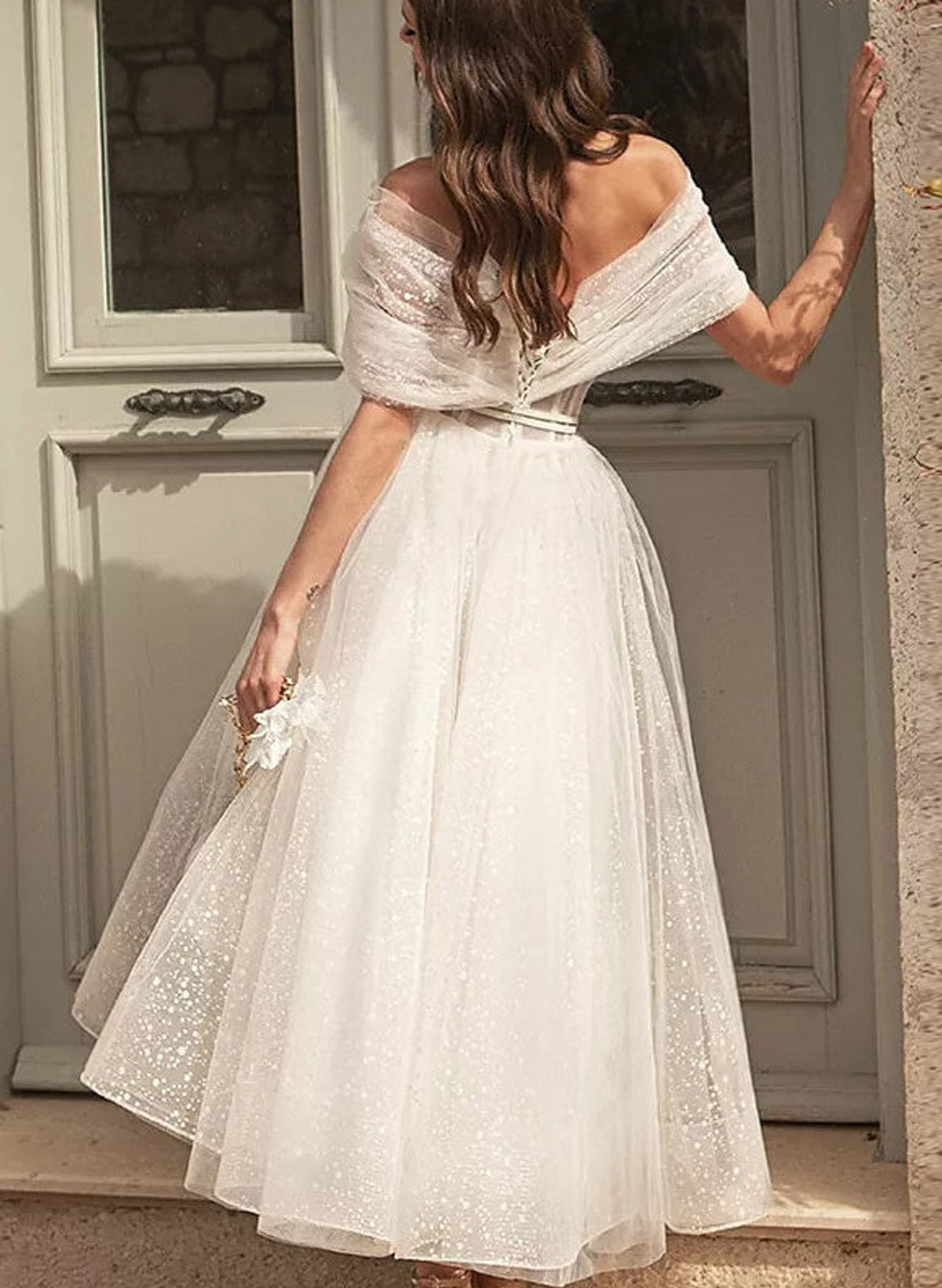 A-Line Off-The-Shoulder Short Sleeves Tea-Length Tulle Wedding Dresses
