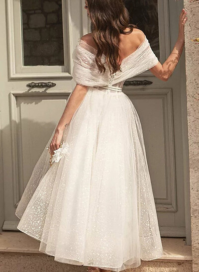 A-Line Off-The-Shoulder Short Sleeves Tea-Length Tulle Wedding Dresses