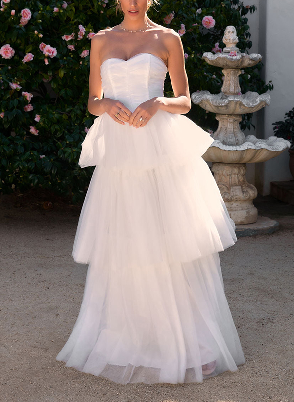Elegant A-Line Sweetheart Sleeveless Floor-Length Tulle Wedding Dresses
