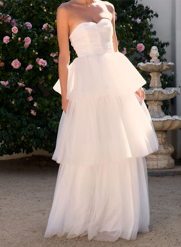 Elegant A-Line Sweetheart Sleeveless Floor-Length Tulle Wedding Dresses