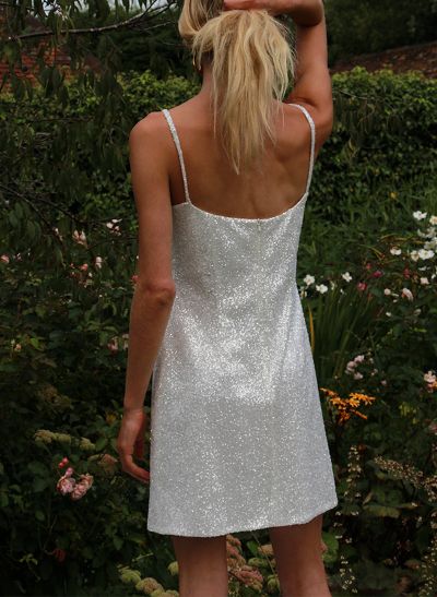 Sheath/Column Square Neckline Short/Mini Tulle/Sequined Wedding Dresses