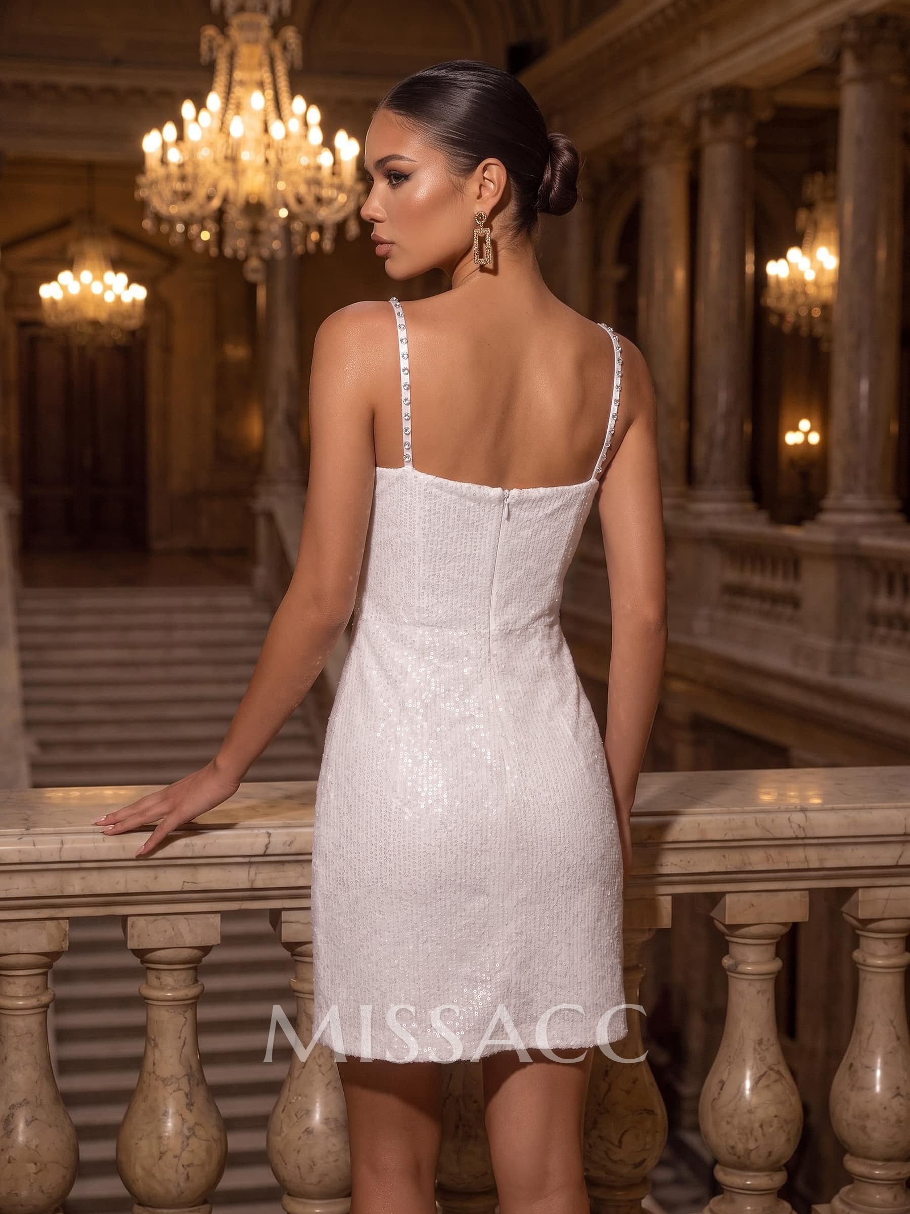 Sheath/Column Square Neckline Short/Mini Tulle/Sequined Wedding Dresses