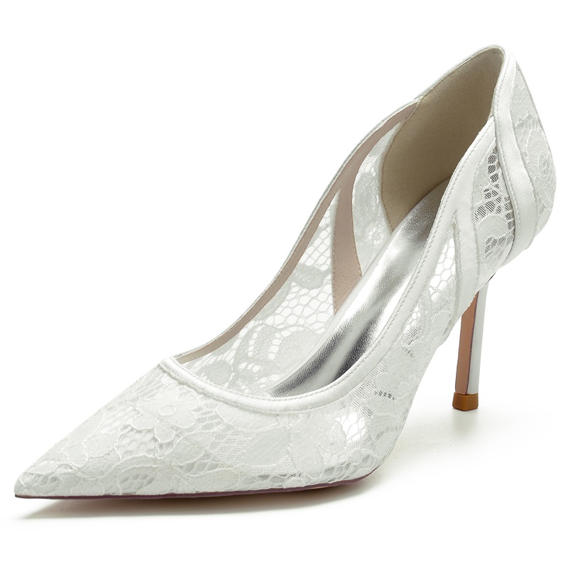 Stiletto Heel Pointed Toe Lace Mesh Satin Wedding Shoes For Women