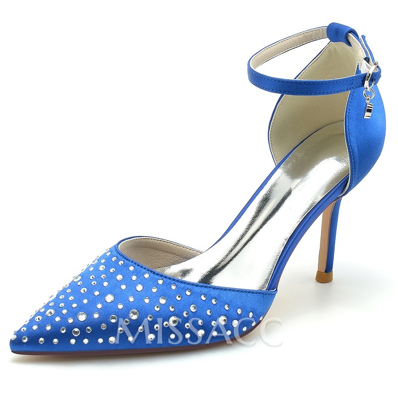 Silk Like Satin Closed Toe Wedding Shoes For Bride With Rhinestone