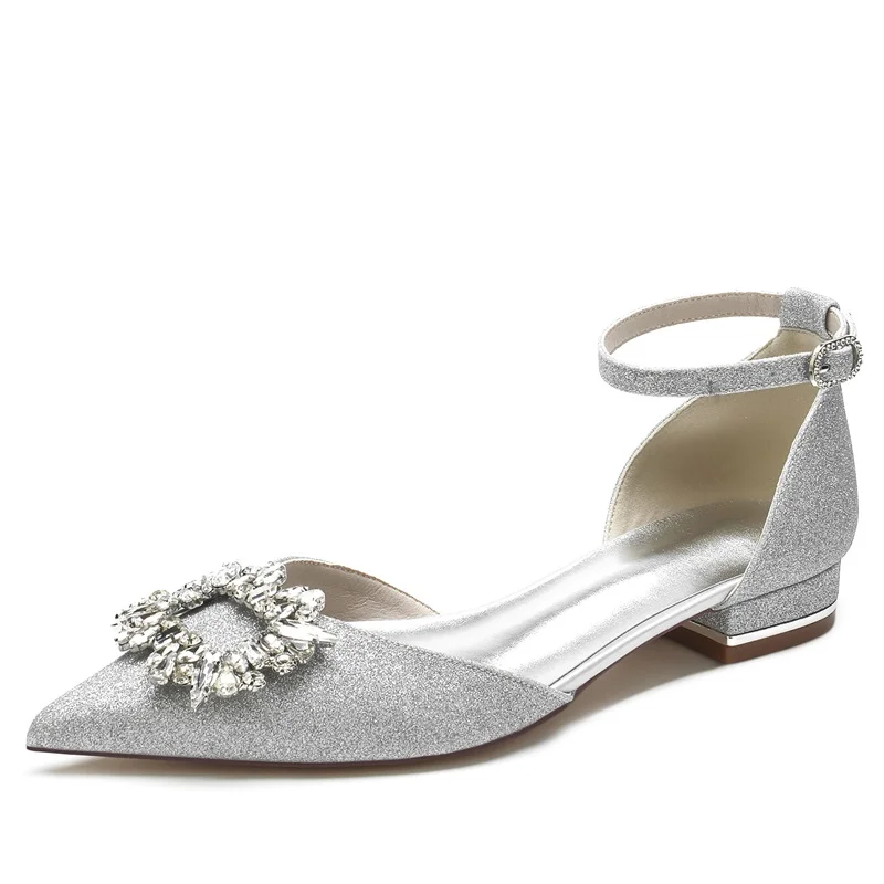 silver low heel closed toe dress shoes Missacc White Wedding Shoes Glitter Low Heel Closed Toe Women's Wedding Shoes With Rhinestone