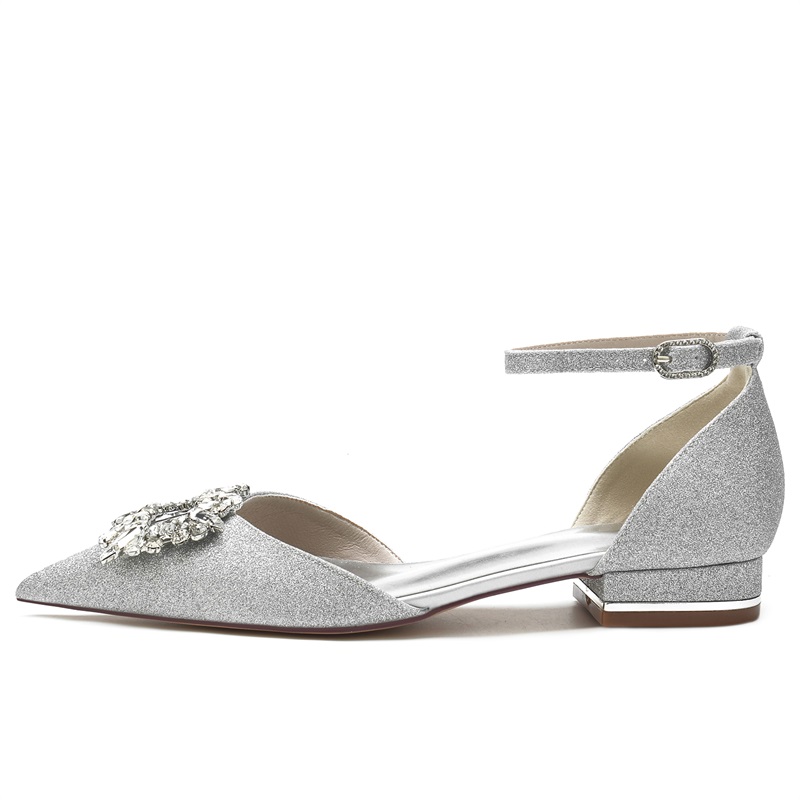 Glitter Low Heel Closed Toe Women's Wedding Shoes With Rhinestone