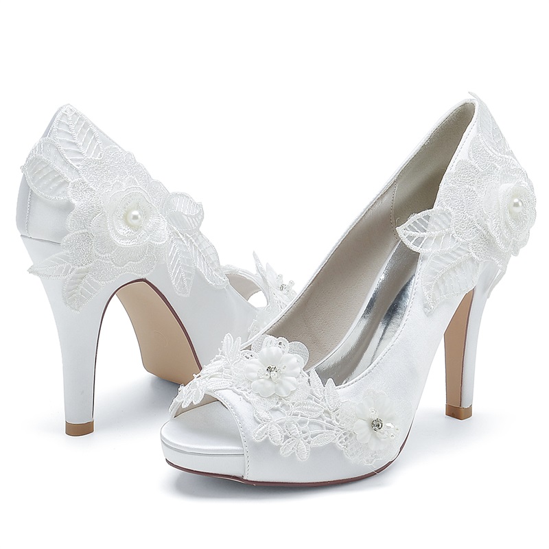 Silk Like Satin Peep Toe Wedding Shoes For Women With Flowers