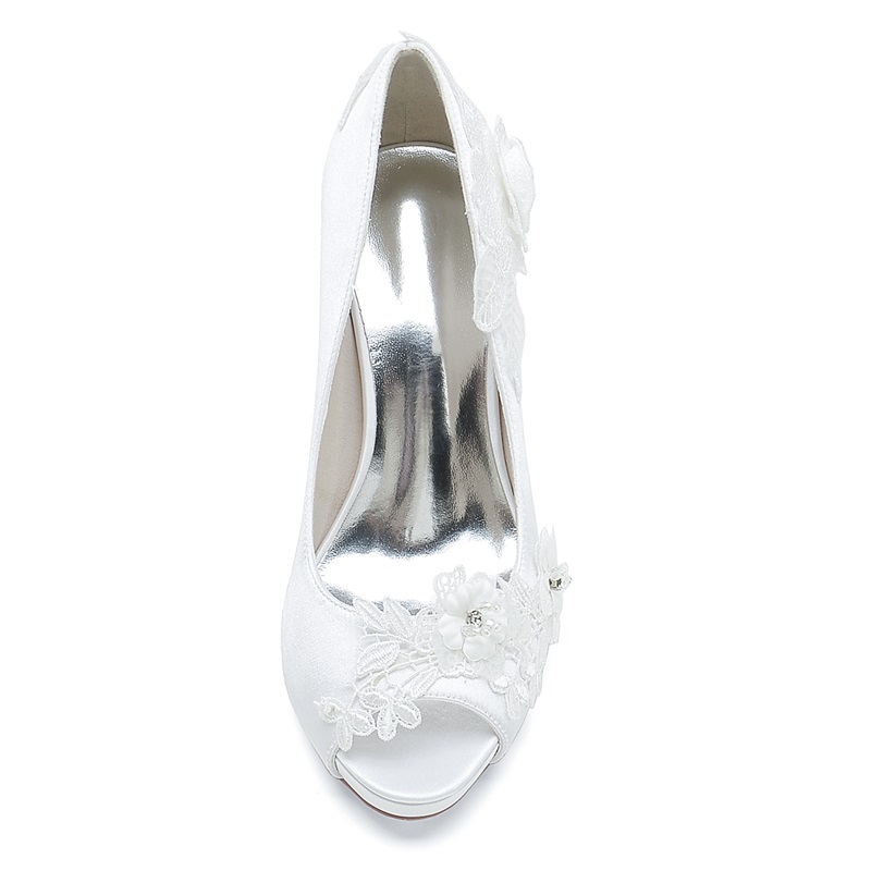 Silk Like Satin Peep Toe Wedding Shoes For Women With Flowers