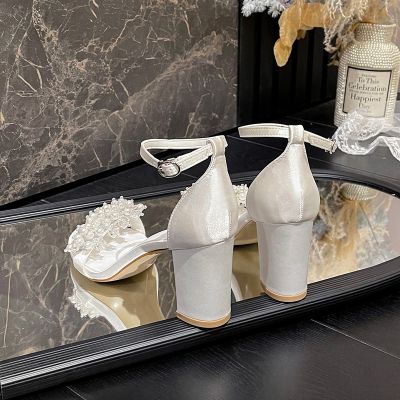 Pearl Embellished Block Heel Open Toe Wedding Shoes