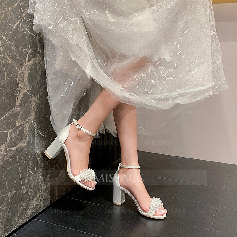 Pearl Embellished Block Heel Open Toe Wedding Shoes