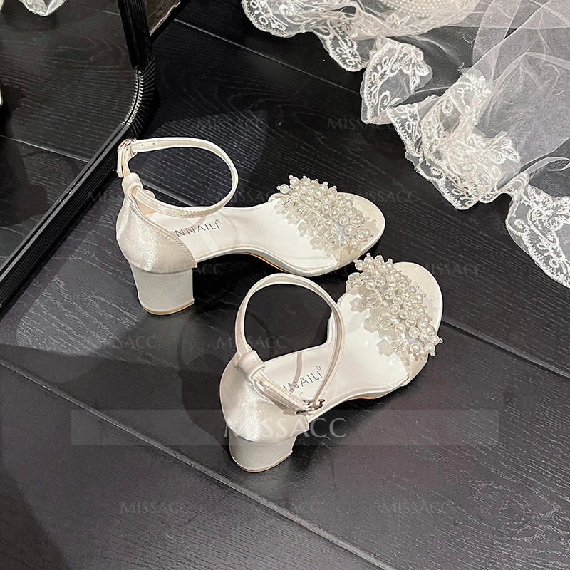 Pearl Embellished Block Heel Open Toe Wedding Shoes