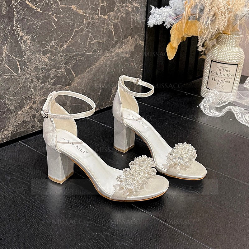 Pearl Embellished Block Heel Open Toe Wedding Shoes