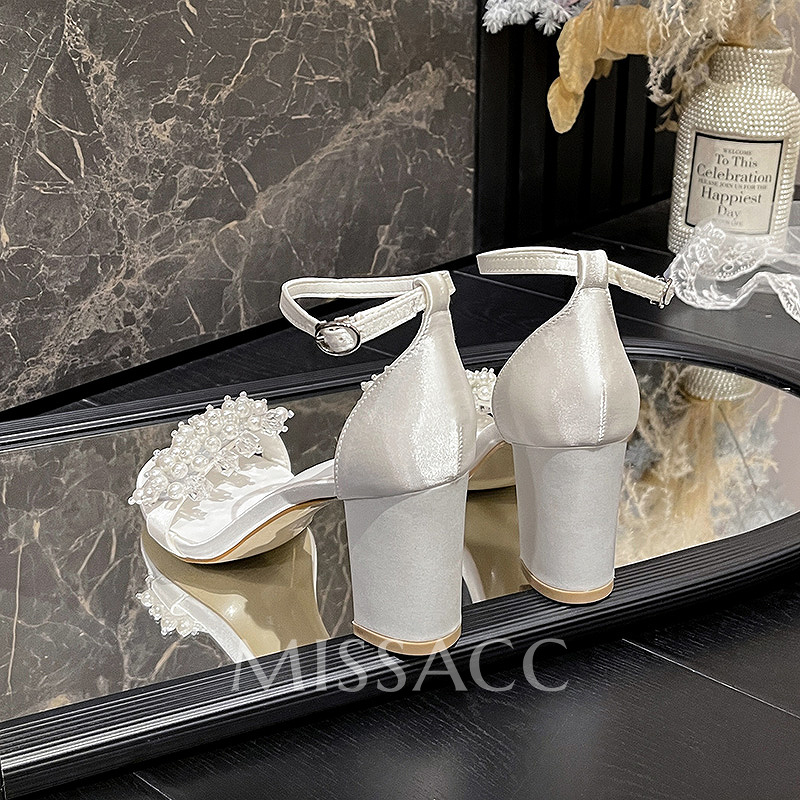 Pearl Embellished Block Heel Open Toe Wedding Shoes Pearl Embellished Block Heel Open Toe Wedding Shoes