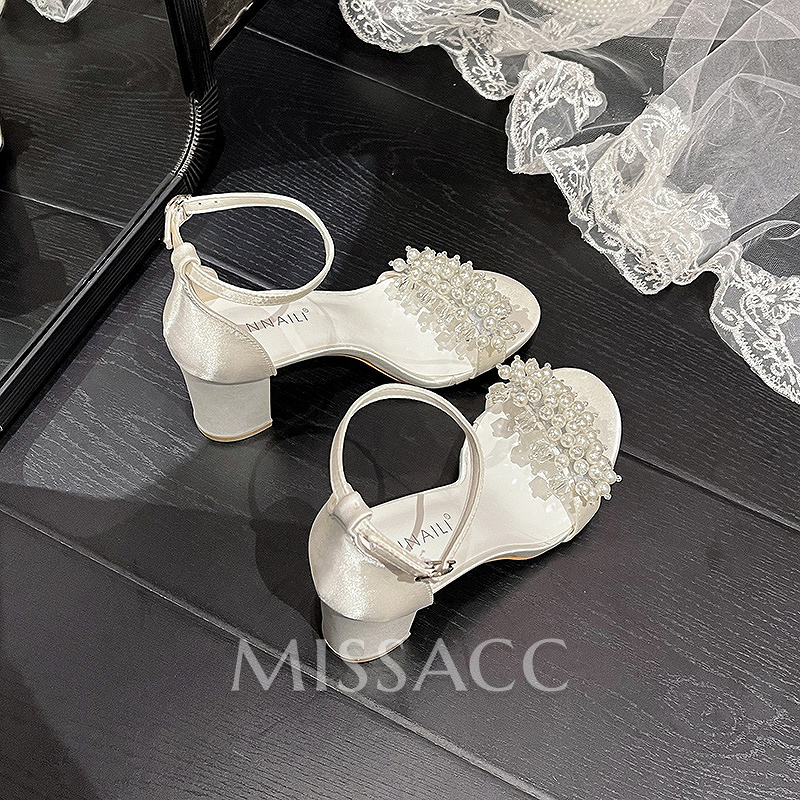 Pearl Embellished Block Heel Open Toe Wedding Shoes Pearl Embellished Block Heel Open Toe Wedding Shoes