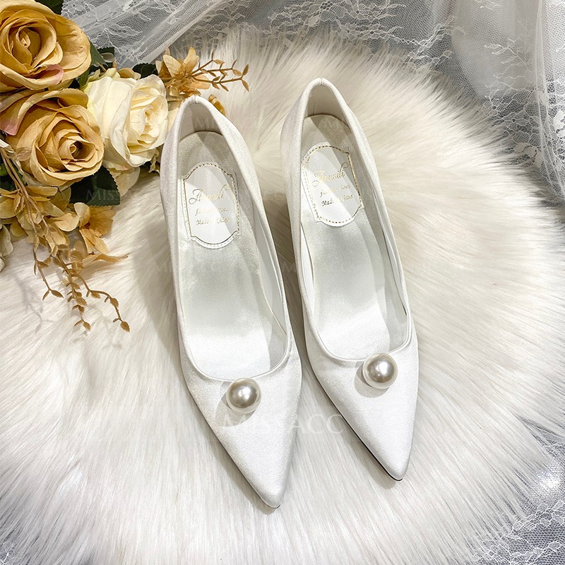 Pearl Embellished White Stiletto Heel Wedding Shoes