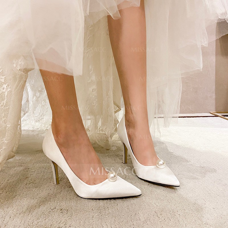 Pearl Embellished White Stiletto Heel Wedding Shoes