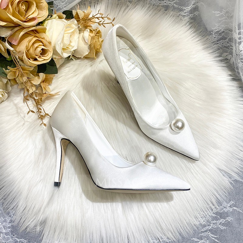 Pearl Embellished White Stiletto Heel Wedding Shoes