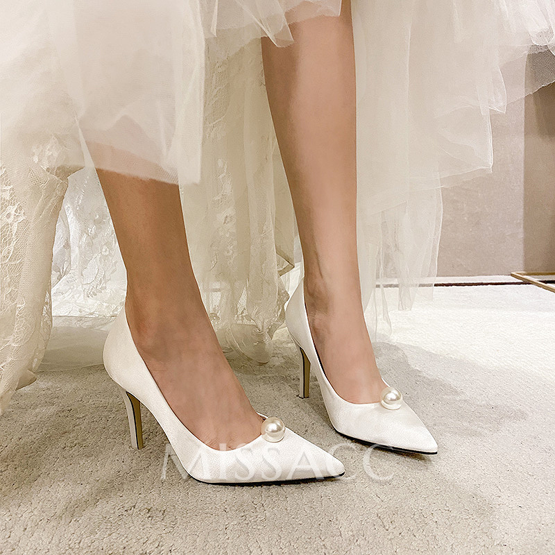Pearl Embellished White Stiletto Heel Wedding Shoes