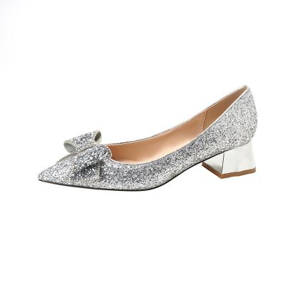 Glitter Block Heel Closed Toe Wedding Shoes With Bowknot