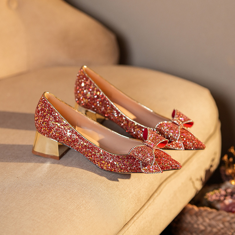 Glitter Block Heel Closed Toe Wedding Shoes With Bowknot Missacc
