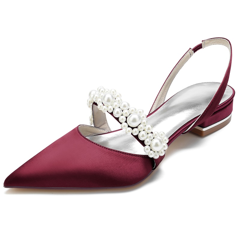 Pearl Embellished Low Heel Silk Like Satin Wedding Shoes