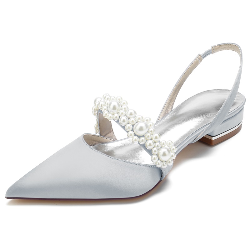 Pearl Embellished Low Heel Silk Like Satin Wedding Shoes