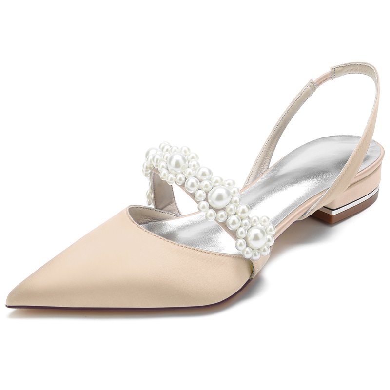 Pearl Embellished Low Heel Silk Like Satin Wedding Shoes