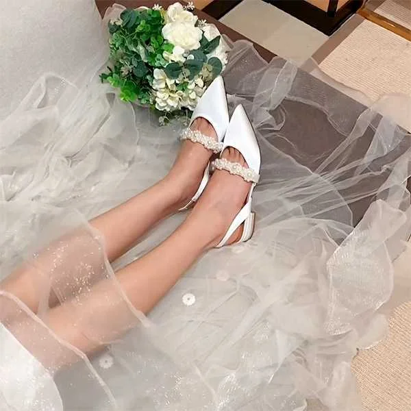 Pearl Embellished Low Heel Silk Like Satin Wedding Shoes