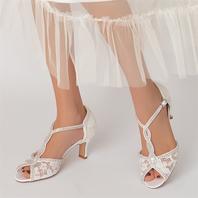 T-Strap Heel Peep Toe Wedding Shoes With Rhinestone