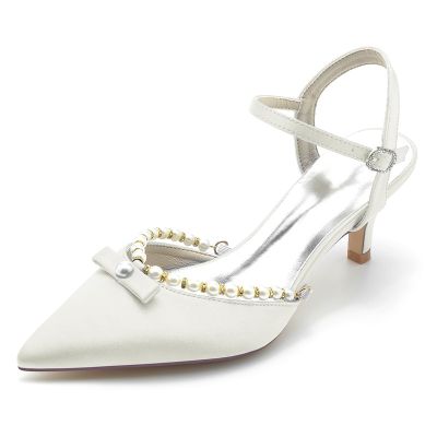 Pearl Embellished Kitten Heel Point Toe Wedding Shoes With Bowknot