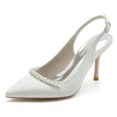 Point Toe Pearl Embellished Slingback Heel Wedding Shoes