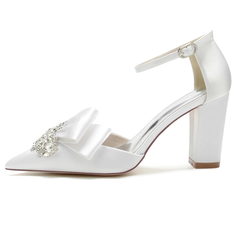 Point Toe Chunky Heel Wedding Shoes With Rhinestone - Missacc