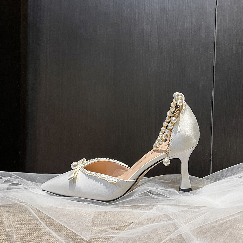 Pearl Embellished Point Toe Ankle Strap Heel Wedding Shoes