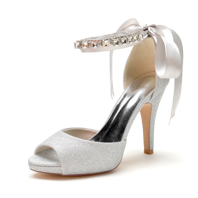 Peep Toe High Heel Glitter Wedding Shoes With Rhinestone