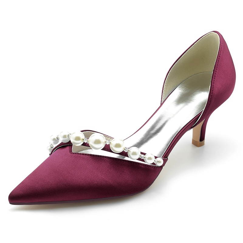Point Toe Kitten Heel Silk Like Satin Wedding Shoes With Pearl