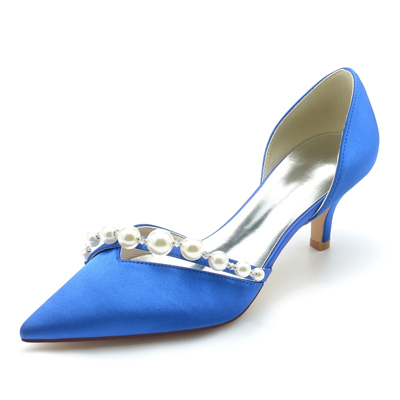 Point Toe Kitten Heel Silk Like Satin Wedding Shoes With Pearl