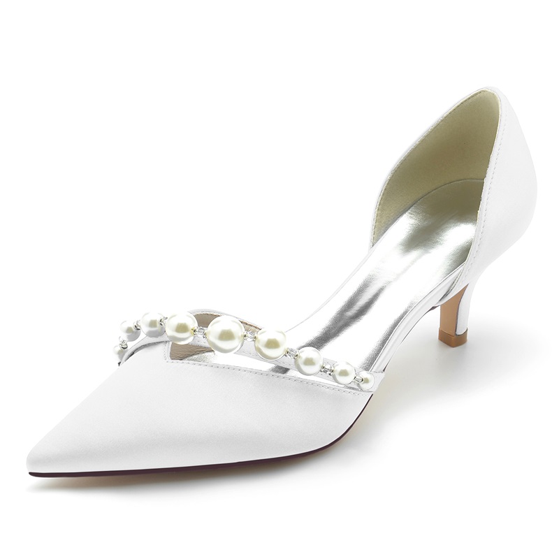 Point Toe Kitten Heel Silk Like Satin Wedding Shoes With Pearl